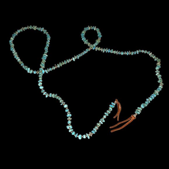 Vintage Southwest Blue & Green Turquoise Chip Necklace With Silver Beads 48" - Picture 2 of 11